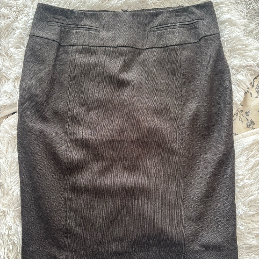 ROMY Herringbone Pencil Skirt L Black Gray Lined Work Office Chic